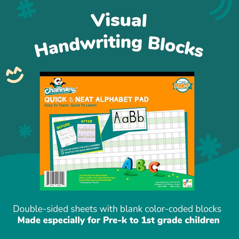Channie's Channieâ€™s Quick & Neat Alphabet Writing Pad, Practice Handwriting, 80 Pages Front & Back, 40 Sheets, Pre Kindergarten Books & First Grade Workbook, Homeschool Learning Supplies, Size 8.5â€ x 11â€ - Image 2